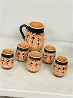 Pottery jug & 5 cups - tribal theme art