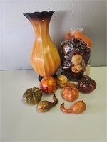 Assorted Fall Decor, Metal Vase, small Pumpkins