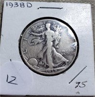 1938D Walking Liberty Half Dollar Key Date F