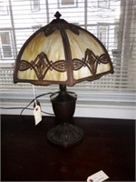 Antique slag glass table lamp with six panel