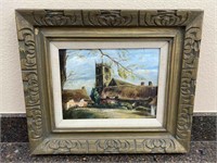 Framed Oil Painting Church And Thatched Roof House