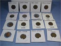 Sixteen Lincoln Wheat Cents Mixed Dates