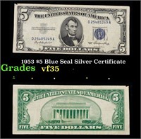 1953 $5 Blue Seal Silver Certificate Grades vf++