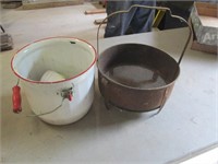 enamelware pot, metal sieve