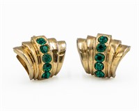 Coro Emerald Rhinestone Gold Tone Earrings