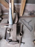Picks, shovel head, RR iron, misc old tools