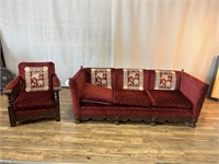 Heavily Carved Red Cushion Sofa and Armchair