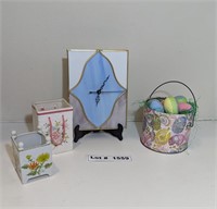 EASTER DÉCOR, PLANT HOLDERS, AND CLOCK