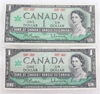 2x Billet de 1$ CANADA 1867-1967 sans # de série