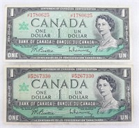 2x Billet de 1$ CANADA 1867-1967 avec # de série