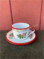 Red and White Enamelware Teacup & Saucer