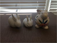Three Large Carved Wood & Ceramic Rabbits