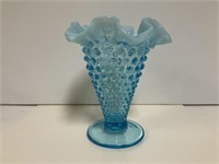 Blue Hobnail Ruffled Vase 6" tall
