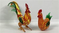 Vintage Colorful Glass Rooster & Chicken
