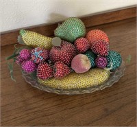 Vtg Mid Century Beaded & Sequined Fruit in Dish