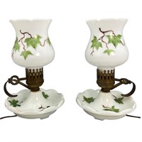 2 Hand Painted Milk Glass Electrified Table Lamps