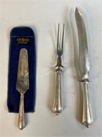 ANTIQUE STERLING HANDLED CARVING SET & CAKE LIFTER