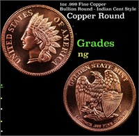 1oz .999 Fine Copper Bullion Round - Indian Cent S