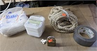 Master lock and key, Duct tape, rope, napkins,