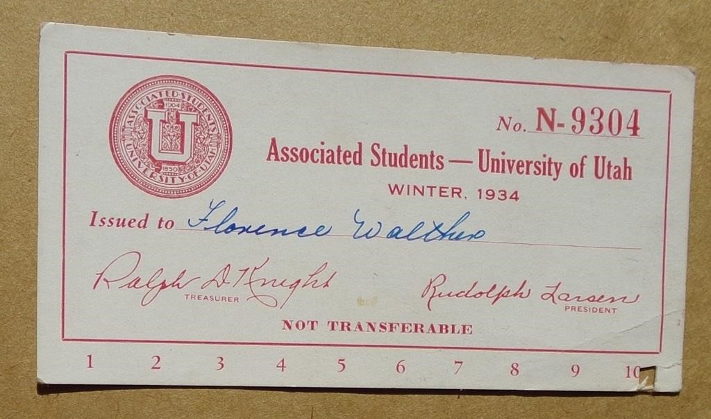 1934 University of Utah Studentbody Card