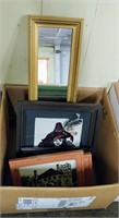 BOX OF ASST ART/PICTURES & NARROW MIRROR