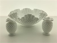 Fenton hobnail bowl & Rosebud vases