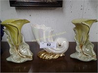 Pair of yellow vintage lily vases and shell vase