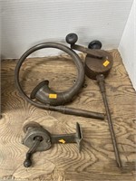 Antique brass horn, hand crank valve grinder,