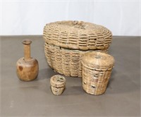 Set Of 3 Antique Sewing Baskets, Butter Press