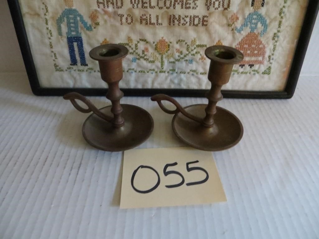 Two Brass Finger Candle Holders & Embroidery Print