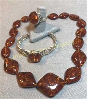 Sterling & Amber Or Amber Type Jewelry - 3