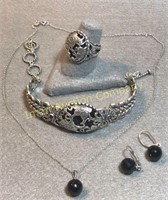 Heavy Sterling & Onyx Type Jewelry