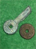 OLD CHINA KEY MONEY AND SQUARE HOLED COIN  2 PCS