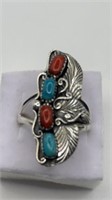Turquoise/Coral Sterling Ring Size 8
