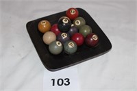 WOODEN POOL BALLS SET W/ TRAY