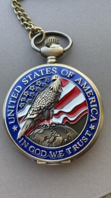 USA eagle pocket watch on 30 inch chain, new