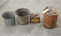 (2) Vintage Gas Cans & (2) Metal Buckets