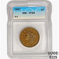 1837 Coronet Head Large Cent ICG VF25 N-4