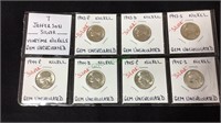 Coins, seven Jefferson silver war time Nickels,