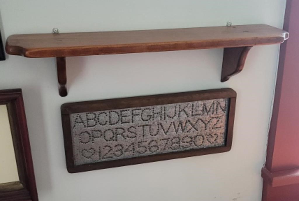 Pierced tin ABC sign and pine shelf