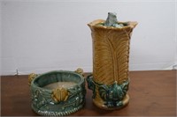 Majolica Style Glazed Pottery,Frog Bowl & Elephant