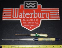 Vtg Waterbury Aluminum Badge + (2) other Advert