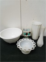 Vintage milk glass vases and dishes