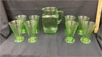 Madrid Vaseline glass pitcher with 8 tumblers