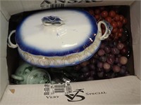 Box of china, glass and grapes