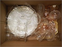 Box of vintage stemware and plates