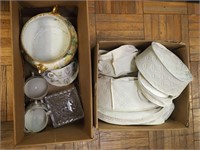 Two boxes china and glass; plus china keepers