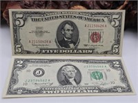 1963 Red Seal $5 Note & 1976 $2 Bill - UNC