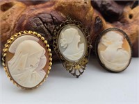 Three Vtg Cameos / Brooches Costume Jewelry