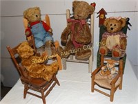 Five wooden doll chairs and 4 bears